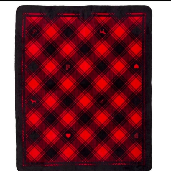 Victoria's Secret PINK Dog & Hearts Red & Black Plaid Cozy Fleece Throw Blanket